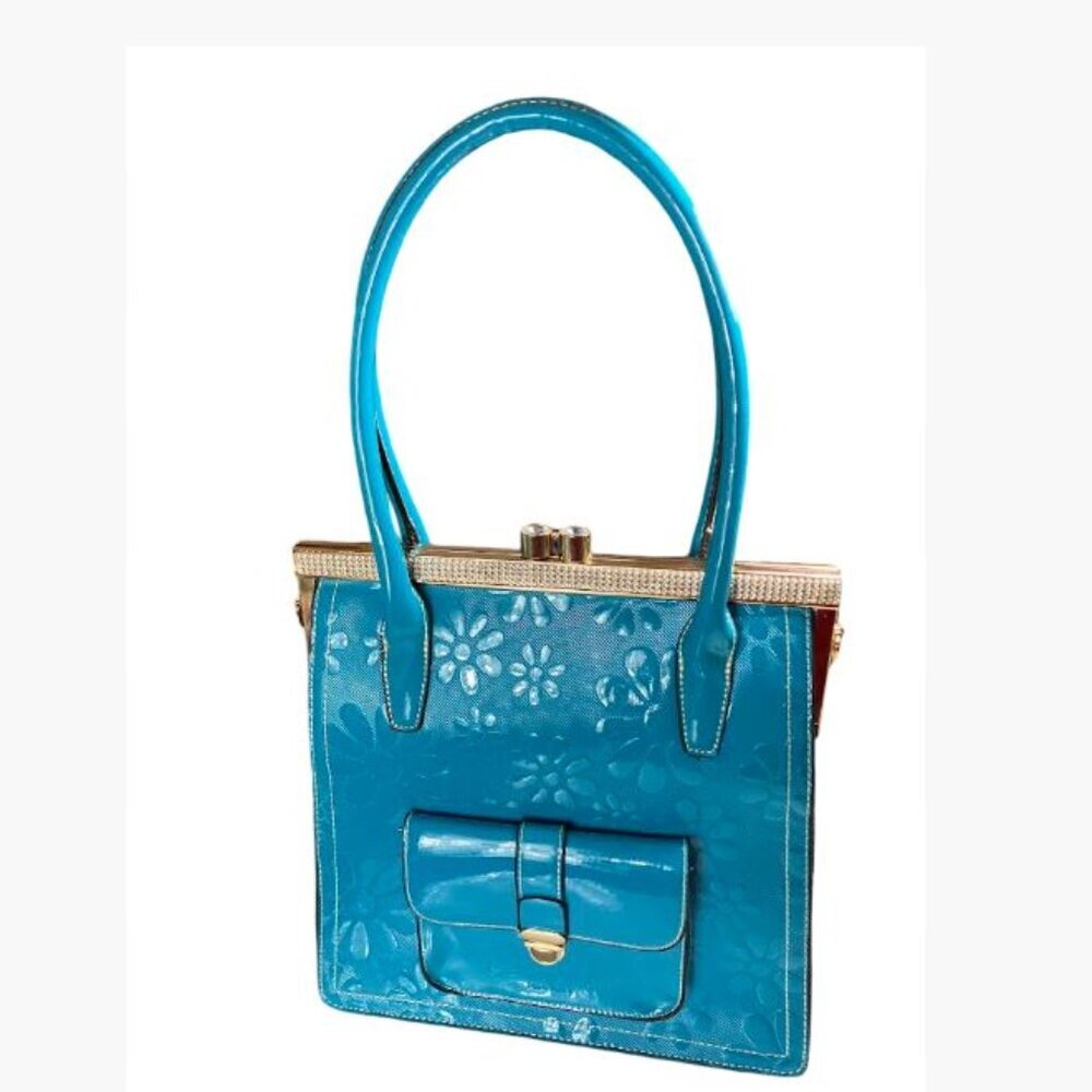 Vintage Candace Christian Napa Valley Patent Leather Large Turquois Tote EUC - Picture 1 of 14
